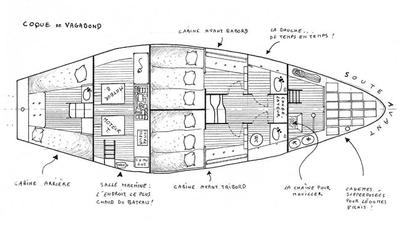 Cabins of Vagabond, drawing by G. Caroff